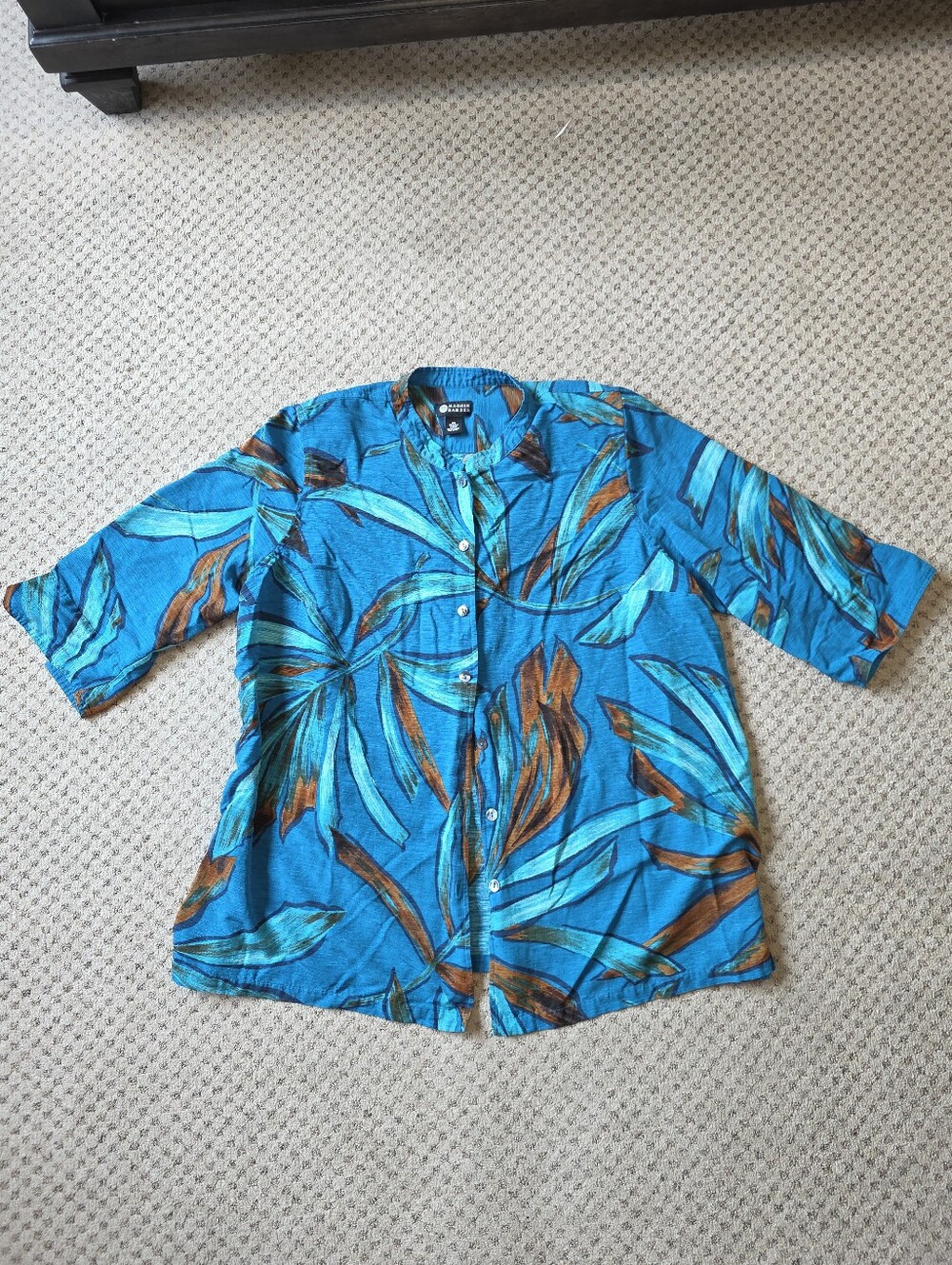 Vintage Maggie Barnes Silk Turquoise and Brown Tropical Button-Down Shirt